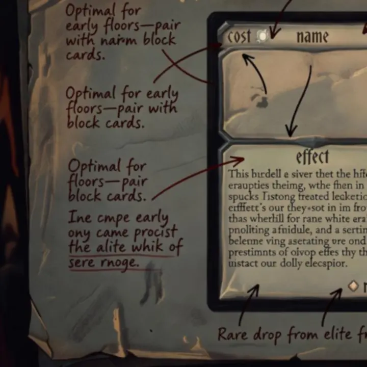 Hand-illustrated Slay the Spire style card annotated with cost, effects and synergy hints