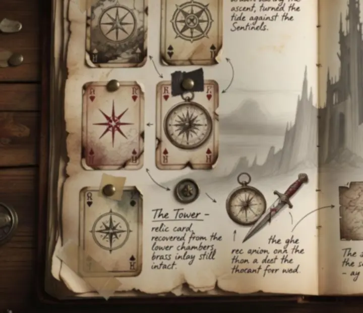 Torn field journal page showing a winning deck layout with handwritten annotations on key cards and relics