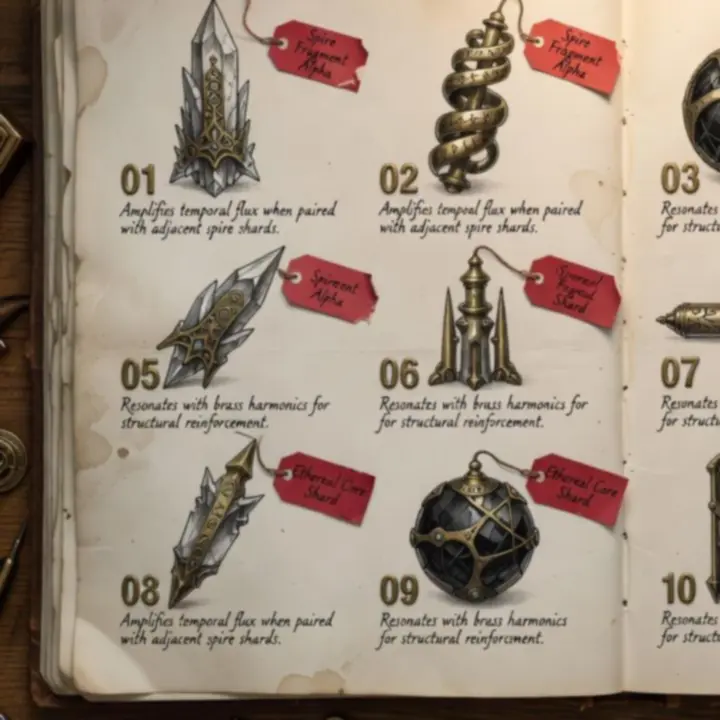 Parchment display of relic sketches connected by synergy notes and brass strings