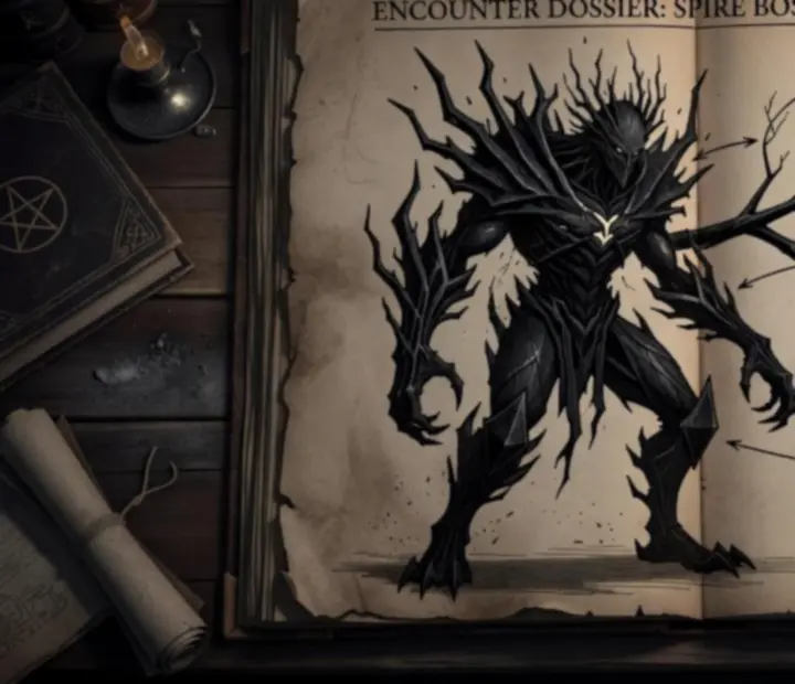 Boss encounter dossier with diagrams, card notes and timing tips on parchment.