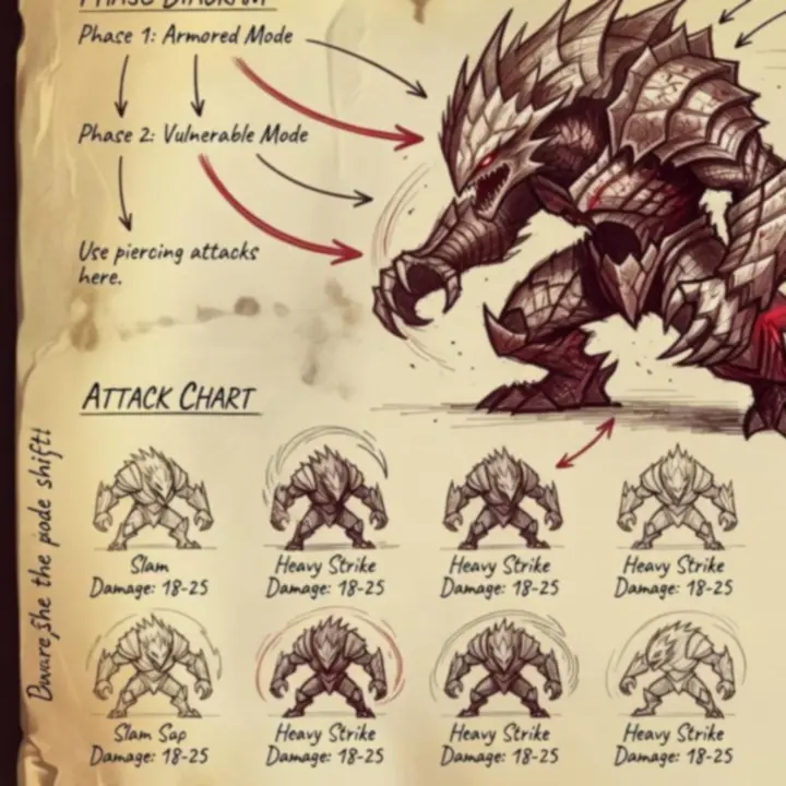 Boss dossier sheet with vulnerability diagrams and phase notes