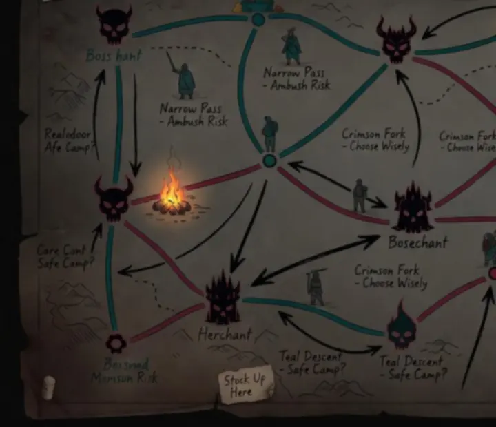 Dark parchment map of the Spire with branching paths leading towards a looming boss icon.