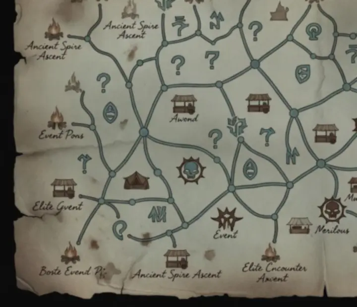 Annotated Spire route map with branching paths marked for elites, merchants, campfires and events.