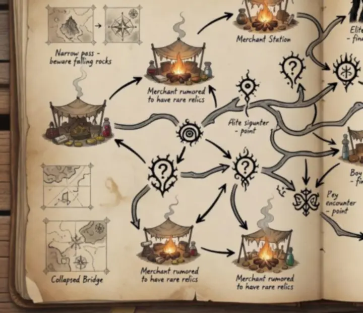 Branching Spire map with annotated nodes for elites, events and campfires