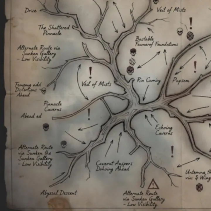 Ink-annotated Spire map fragment showing branching routes and notes