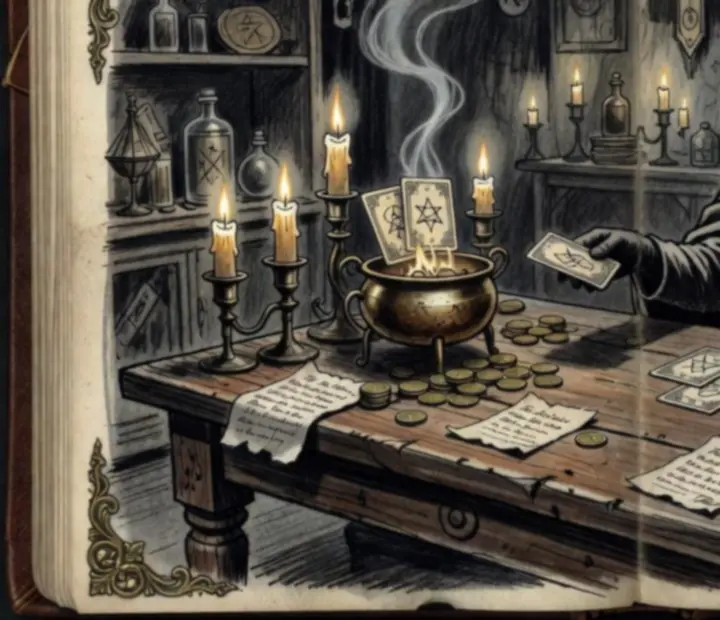 Hand-drawn merchant scene with cards being removed from a deck in exchange for coins and notes about thinning