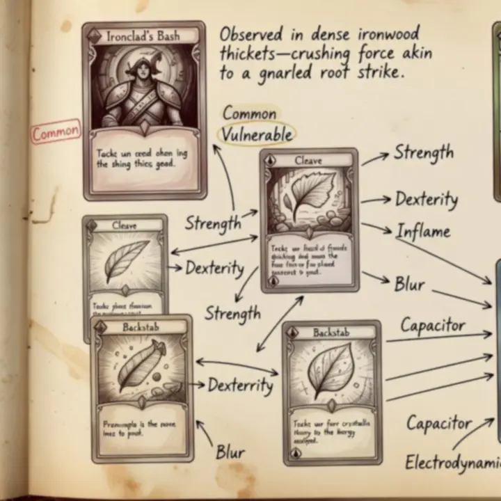 Parchment-style Slay the Spire card reference sheets with annotated notes and stamped labels
