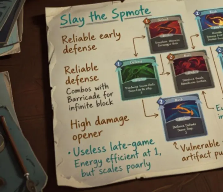 Annotated card study sheet showing cost, effects and synergy notes