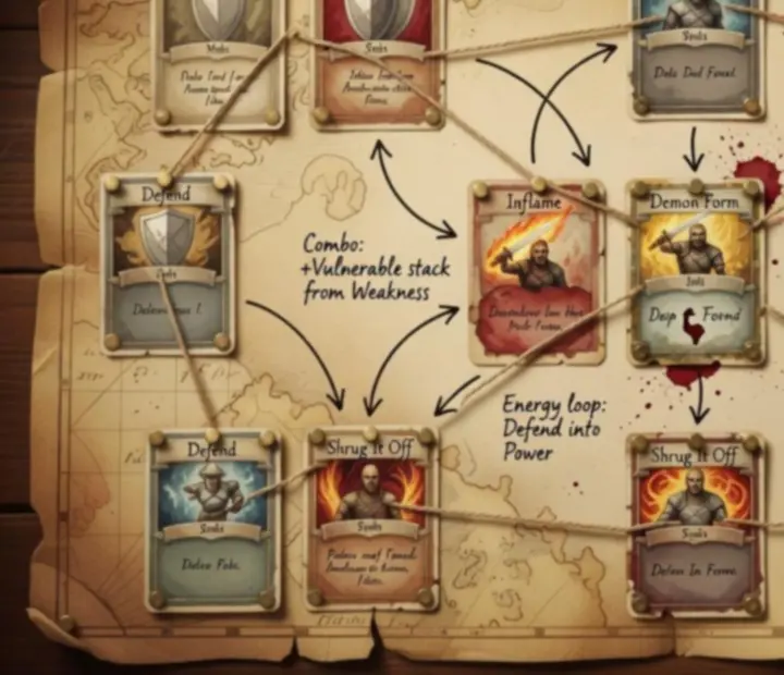 Strategist's pinboard with clusters of cards linked by strings, showing core and support synergies
