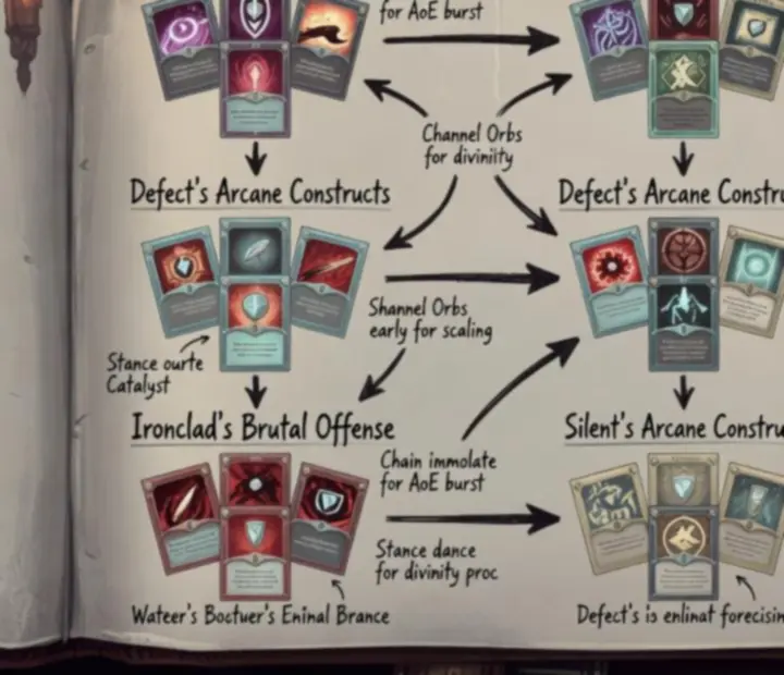 Hand-drawn clusters of Slay the Spire deck archetypes arranged on parchment cards