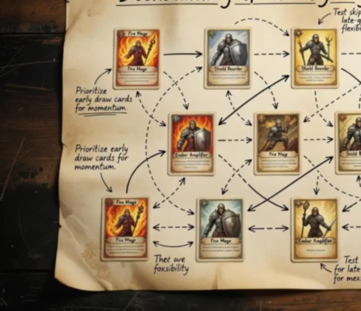 Parchment deckbuilding sheet with card clusters and arrows
