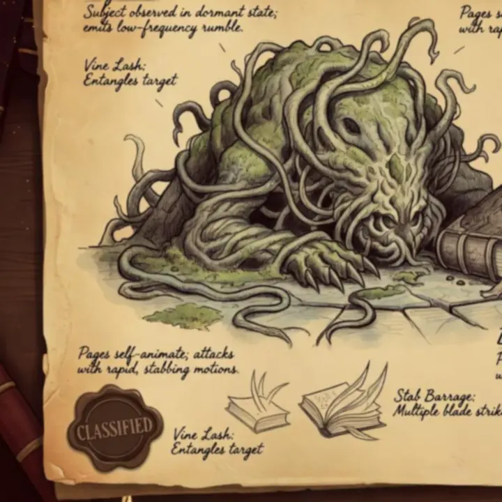 Elite enemy dossier styled as a stamped encounter file with tactical annotations.
