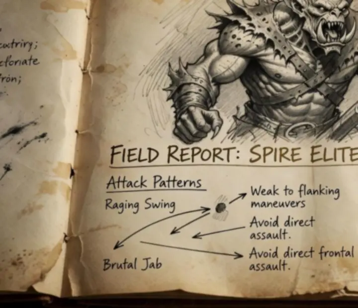 Ink-drawn elite encounter report showing attack patterns and tactical annotations.
