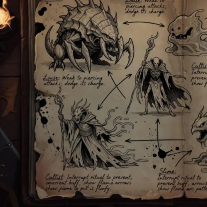 Weathered field report page describing enemies in the Spire