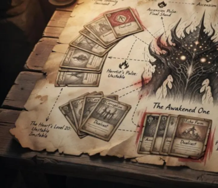 Parchment illustration of the Heart with handwritten notes on deck, relics and final route.