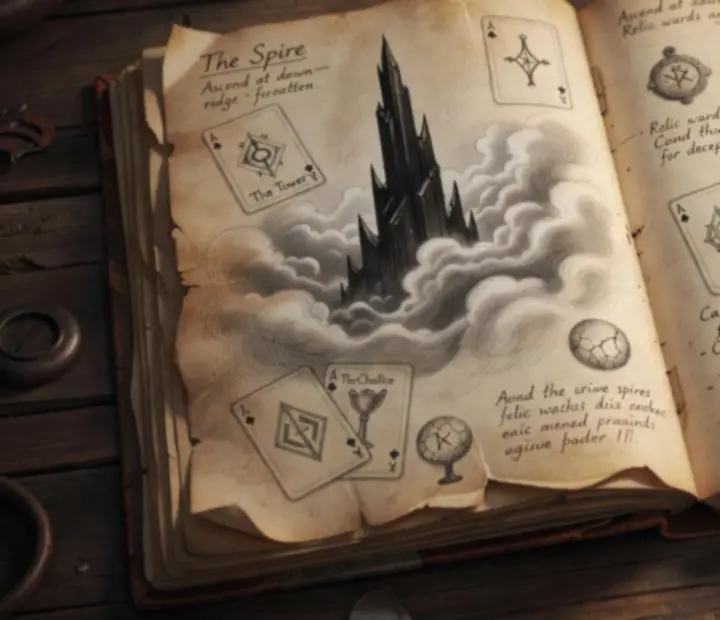 Illustrated expedition journal opened to a scene of the Spire with cards and relic sketches
