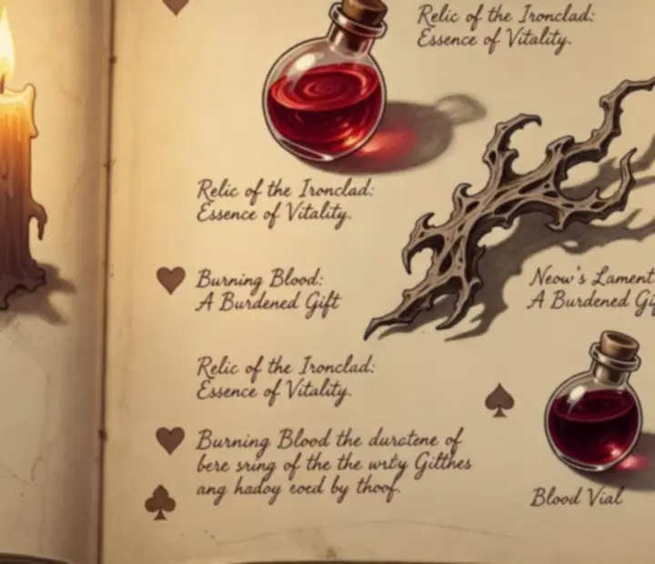 Parchment spread showing hand-drawn relic catalogue entries from the Spire
