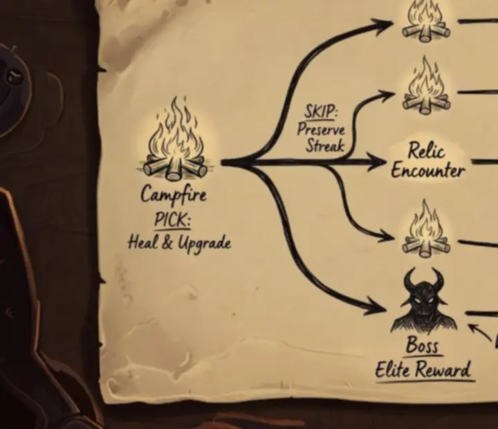 Parchment decision tree diagram showing relic pick and skip routes
