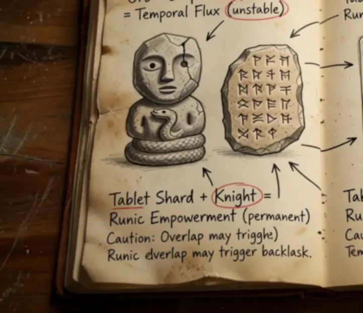 Handwritten synergy notes and diagrams connecting multiple relics