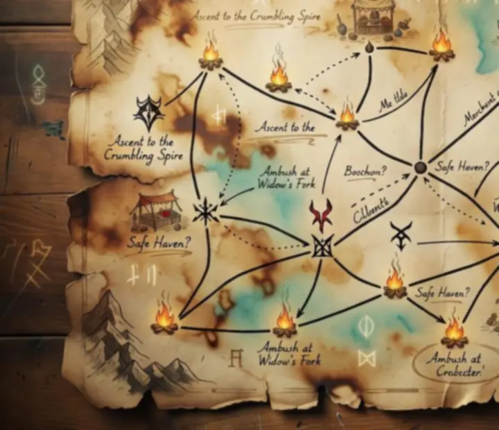 Inked Spire map fragment with branching nodes, merchants, elites and a boss path drawn on parchment