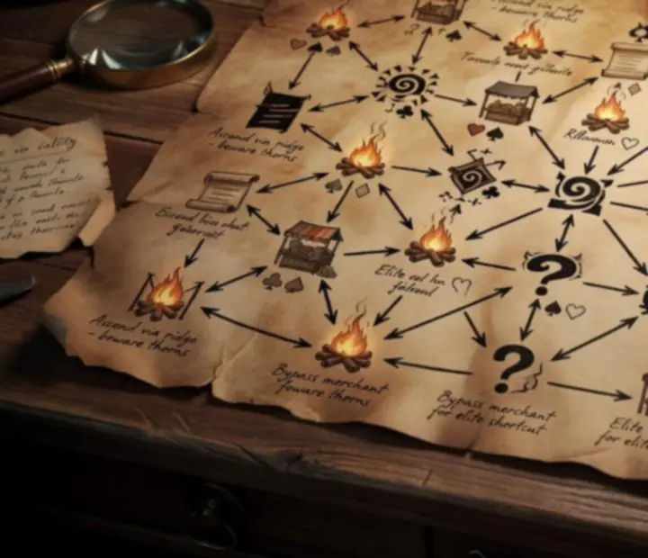 Parchment map showing a branching route up the Spire