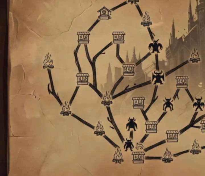 Stylised branching Spire map diagram with nodes for campfires, merchants, elites and bosses