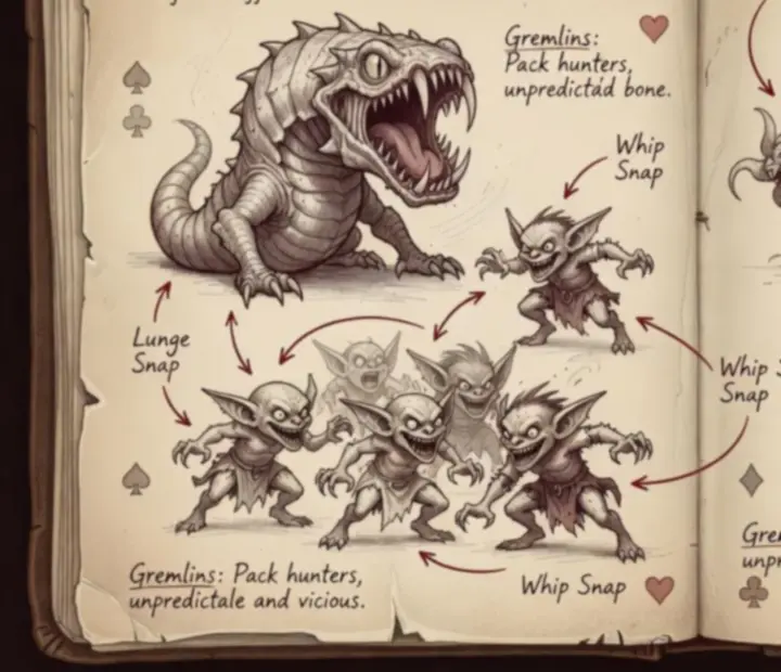 Hand-drawn montage of Spire enemies pinned to a parchment field report.