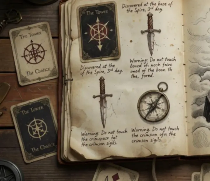 Hand-drawn journal spread of the Spire rising through clouds with cards and route notes.