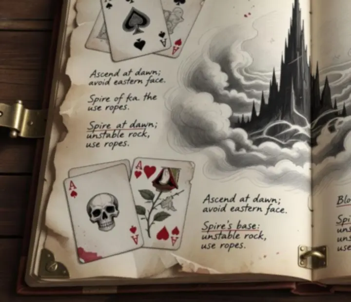 An open expedition journal showing a hand-drawn Spire, cards and relic notes