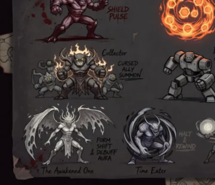 Dark dossier pages showing annotated boss portraits and attack diagrams
