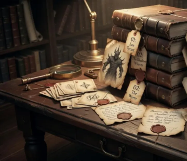Atmospheric illustration of ten looming boss silhouettes etched into a dark parchment circle.