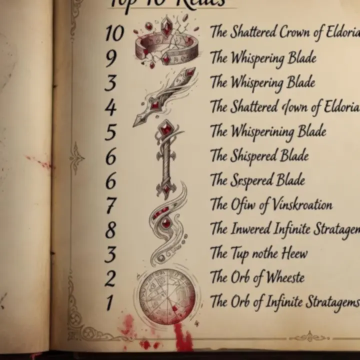 Stylised top ten relic list with sketches and annotations